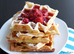 Sunday morning waffles with warm raspberry compote