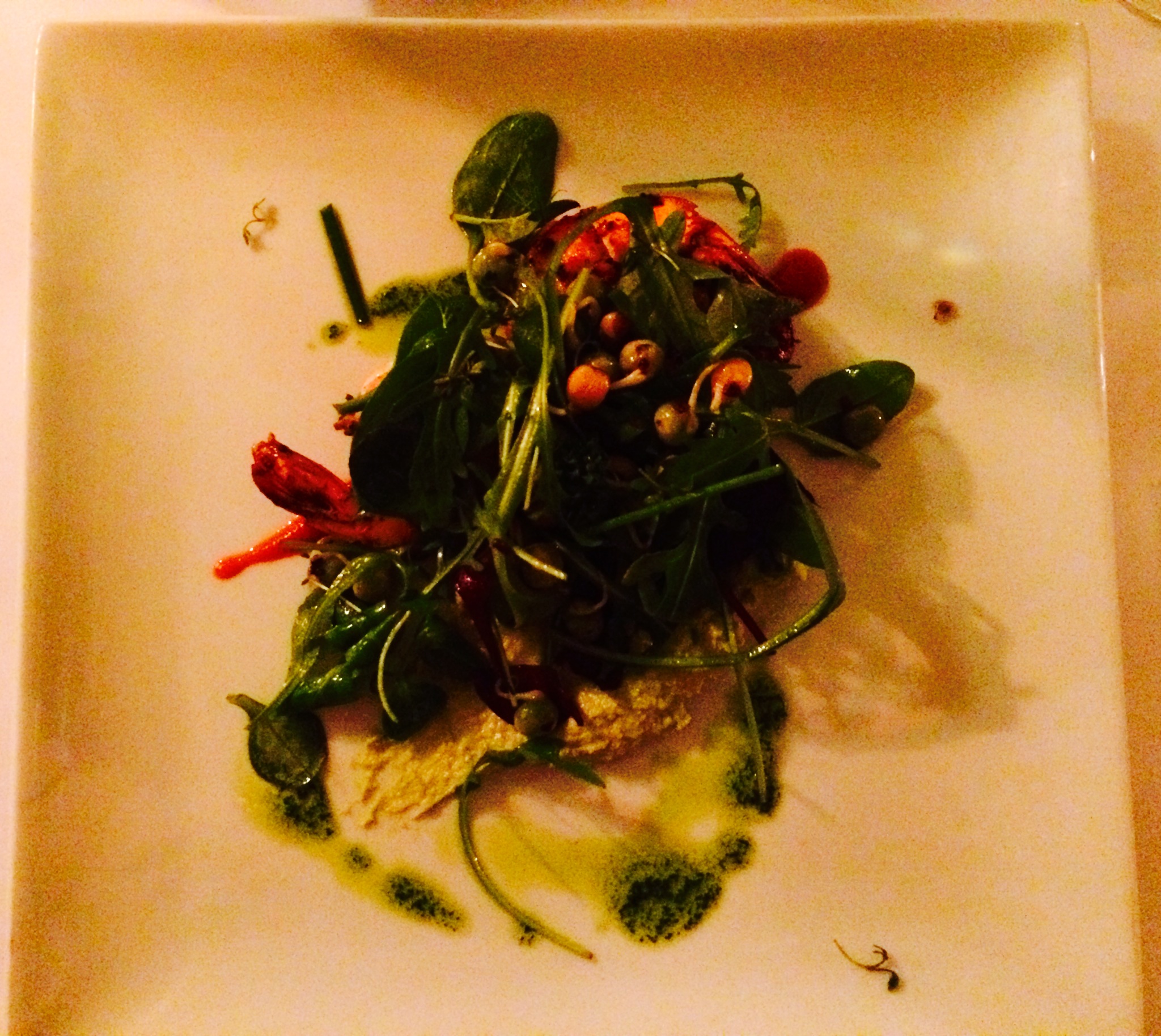 Starter: marinated prawns on salad with macadamia creme